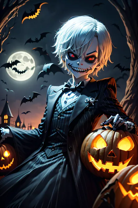 Jack Skellington, laughing, evil, Halloween town, pumpkins, bats, moonlight,