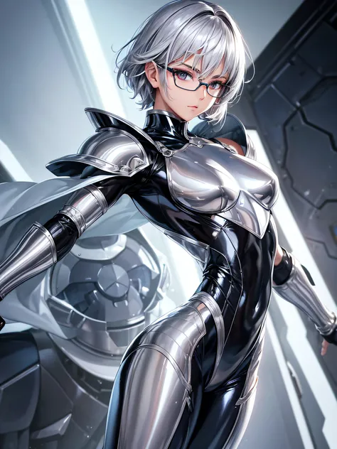 5 8K UHD、Muscular beauty with short silver hair wearing shiny full-body silver armor wearing glasses with her arms behind her back、Beauty with shiny silver latex suit glasses with hidden skin、Upper body only