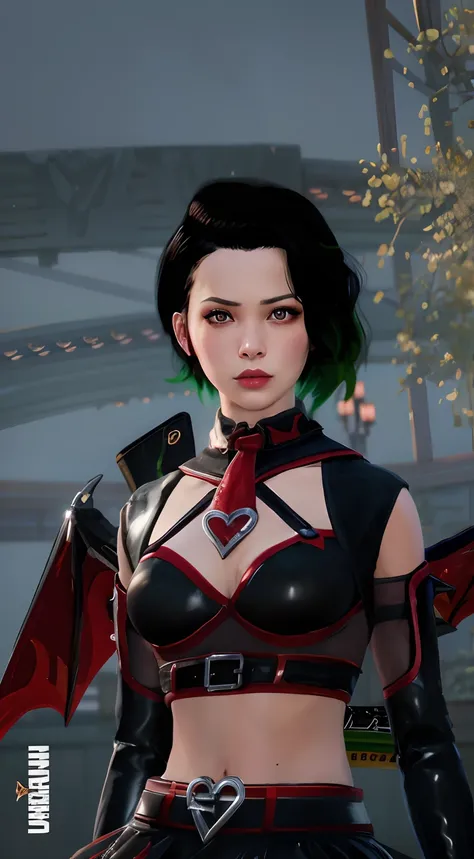 there is a woman in a black and red outfit holding a cell phone, katana zero video game character, character close up, close up character, character close-up, 8 k character details, female character, unreal engine : : rave makeup, unreal engine character a...