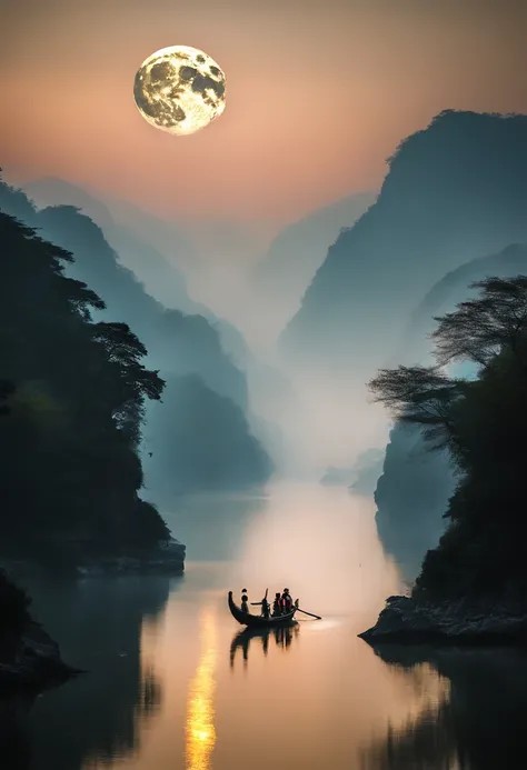 (tmasterpiece，Authentic photography，Concise composition：1.5），the night，Li River scenery，fog atmosphere，White full moon