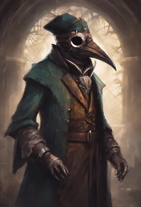 A doctor from the time of the scary plague with medieval clothes and the classic mask of the time with the pointed beak.