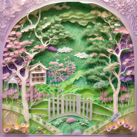 paper cuttings style：bridge, building, bush, city, cloud, day, door, fence, field,orest, sonoko, grass, house, hydrangea, mounta...