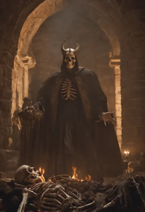 The skeletons and Lucifer talk to each other above a pile of corpses, fantasy, Intricate, elegant, Highly detailed, Centered, symetry, picure, Intricate, voluminetric lighting, Beautiful, rich deep colors masterpiece, Sharp focus, Ultra detailed, in the st...