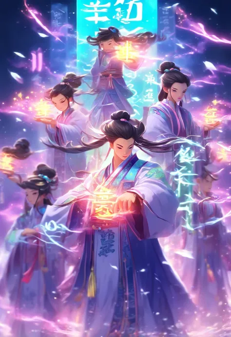 1boys,Young scholars of ancient China，Holding a golden brush，Writing is in full swing，(Transparent glowing kanji hovering in midair:2)，（Plain text background：2），Vertical text，glittery，Scholar in blue robes，Long flowing hair flutters in the wind，16k, hyper ...