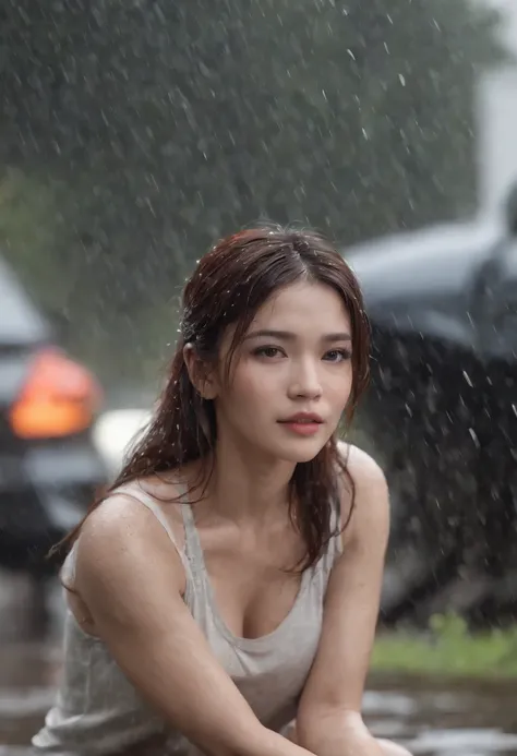 Woman kneeling on the ground in the rain, It just rained, After the rain, Soaked, Drenched Body, wet tshirt, after rainny, Wet shirt, pretty girl standing in the rain, high definition cgsociety, Guviz, korean womens fashion model, after rain and no girls, ...