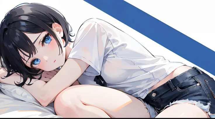 1girl, short black hair, blue eyes, wearing plain white shirt, denim shorts, city, absurdres, high res, ultrasharp, 8K, masterpiece, looking at viewer