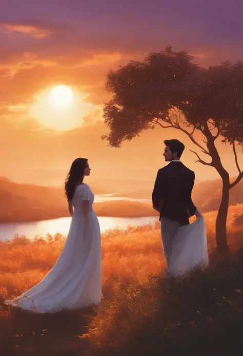 Masterpiece, best quality, {best quality}, {{masterpiece}}, {highres}, {{{field field}}, extremely detailed couple, illustration, couple, 1boy, 1girl, couple, love, love, romantic, sharp focus, male focus, female focus, black hair, violet eyes, sun, sunlig...