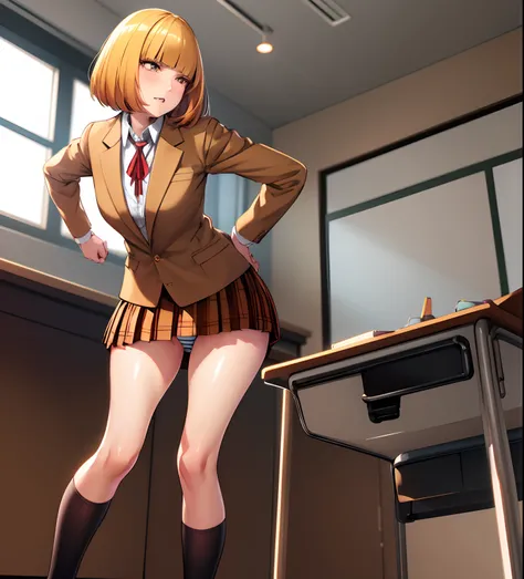 (masterpiece,best quality, detailed), 1girl, solo, classroom, indoors, midorikawa hana, brown jacket, neck ribbon, collared shirt, school uniform, plaid skirt, loafers, squinting, eyelashes, lifting skirt, striped panties, angry, hands on hips. bend down, ...