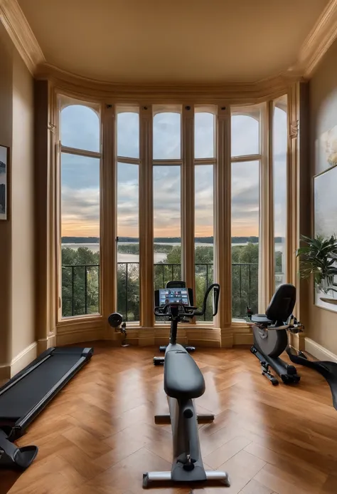 Elegant space，bright，European style wainscoting，There is a variety of fitness equipment，River view from the window