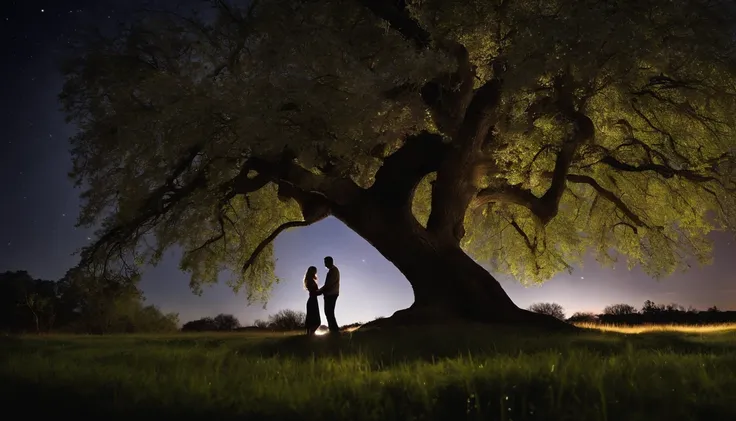 In the moonlit embrace of a vast, starry night, envision a couple in love, lost in each others gaze under a sprawling willow tree, their fingers entwined like natures tender vines, soft grass beneath them, a gentle breeze rustling the leaves, Photography, ...