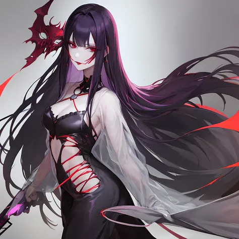 Woman, long dark purple hair, red eyes with a bright light, black long open dress, witch, silver jewelry in the shape of ribs, metal mask on half of the face, black lipstick