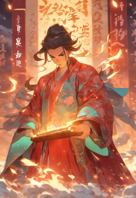 1boys,Young scholars of ancient China，(Hold a transparent glowing scroll:1.5)，(Transparent glowing kanji hovering in midair:1.5)，（Plain text background：1.5），Vertical text，glittery，Scholar in blue robes，Long flowing hair flutters in the wind，16k, hyper HD, ...