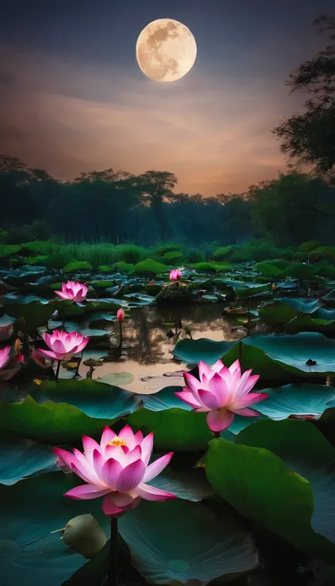 (tmasterpiece，Authentic photography，Concise composition：1.5），the night，Lotus pond moonlight，Beautiful artistic conception