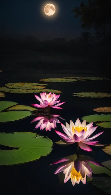 (tmasterpiece，Authentic photography，Concise composition：1.5），the night，Lotus pond moonlight，Beautiful artistic conception