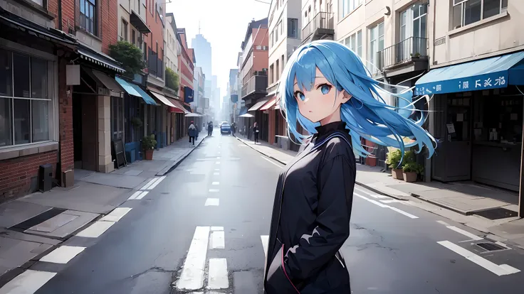 Girl with long blue hair, street, strong wind, surprised