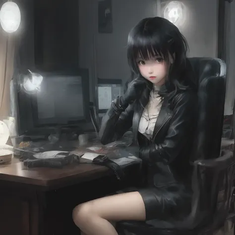 Wearing black leather gloves up to the fingertips in both hands, upper body, black leather double riders jacket, slender necklace, young and cute Japanese girl with beautiful black hair, sitting on a black leather chair facing the desk in the bosss empty r...