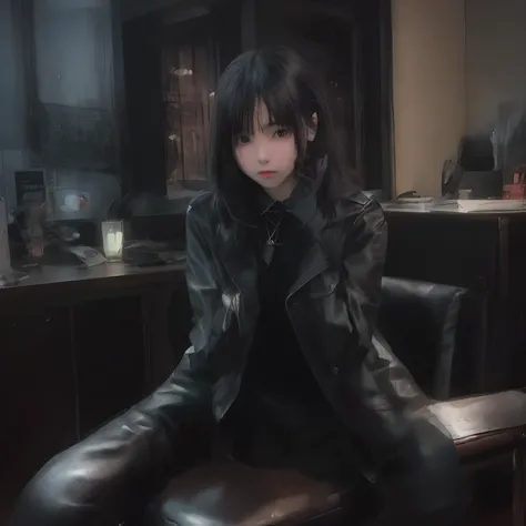 Wearing black leather gloves up to the fingertips in both hands, upper body, black leather double riders jacket, slender necklace, young and cute Japanese girl with beautiful black hair, sitting on a black leather chair facing the desk in the bosss empty r...