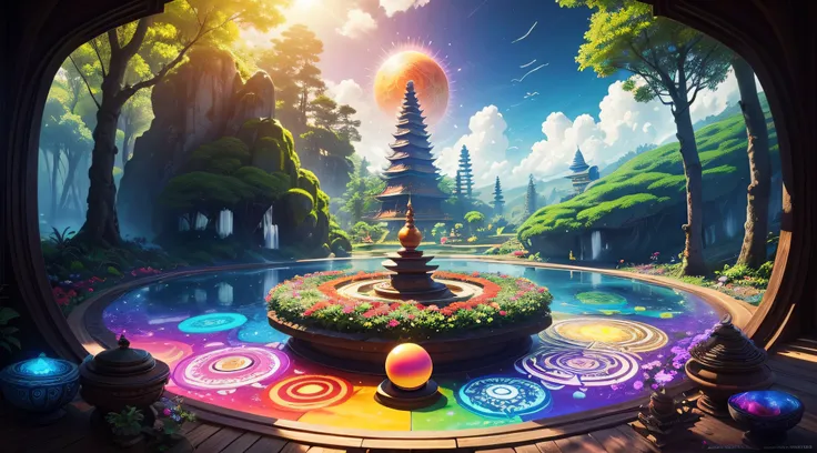 magic circle, tropical forest, flowers of all colors and shapes, pagoda, flowers of all colors and shapes, beautiful dress, kundalini, Magic Tape, waterfall, zen garden, huge rocks, hyper realistic, fantasy, materialized luminous energy, energy spheres, ps...