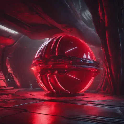 Alafid view of red sphere in dark room, A huge sphere of red energy that fills the room, red shift render, 3 d render beeple, beeple. rendering by octane, octane render sci - fi, greg rutkovsky. rendering by octane, red and cinematic lighting, greg rutkows...