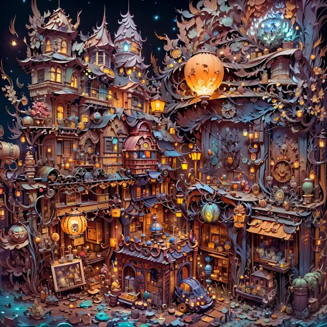 Paper Cuttings style：The colorful sky city,Sparkling metal,Mechanical gears,dim lantern,industrial machinery,Steam-powered spacecraft,Victorian architecture,Overgrown vines and plants,Magical ruins,Thick clouds hover above,Steam vortex,crumbling buildings,...