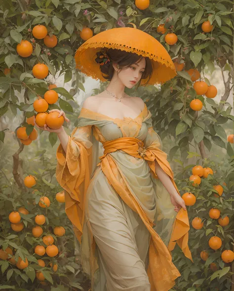 Best quality, masterpiece, meticulous details, intricate detail, a heavenly lady walking in tangerine grove