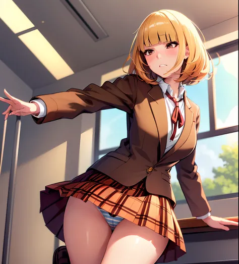 (masterpiece,best quality, detailed), 1girl, solo, classroom, indoors, midorikawa hana, brown jacket, neck ribbon, collared shirt, school uniform, plaid skirt, loafers, squinting, eyelashes, taking off skirt, striped panties, angry, low view