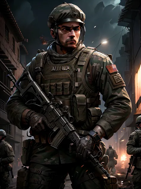 Soldiers in dark uniforms and assault rifles, ruined background, Realistic, Stylish, Assault vests, hdr, Intricate details, ultra - detailed, Cinematic, rim-light, danger atmosphere