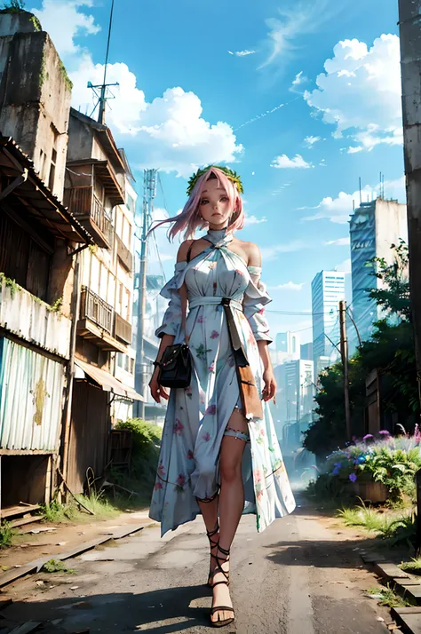 garota usando um vestido branco curtinho andando por um campo de flores, Post-apocalyptic city on the horizon, estilo cyberpunk, cabelos loiros com pontas rosas, fumando