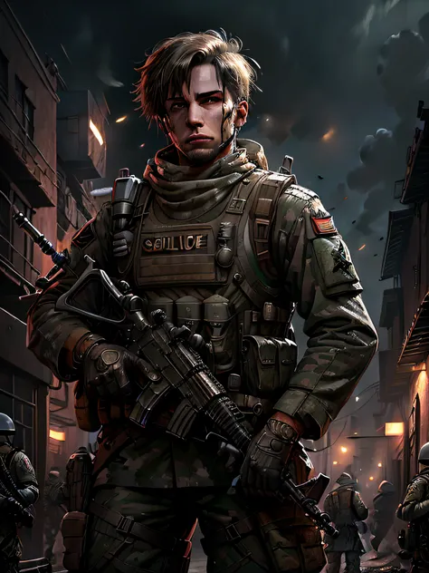 Soldiers in dark uniforms and assault rifles, ruined background, Realistic, Stylish, Assault vests, hdr, Intricate details, ultra - detailed, Cinematic, rim-light, danger atmosphere