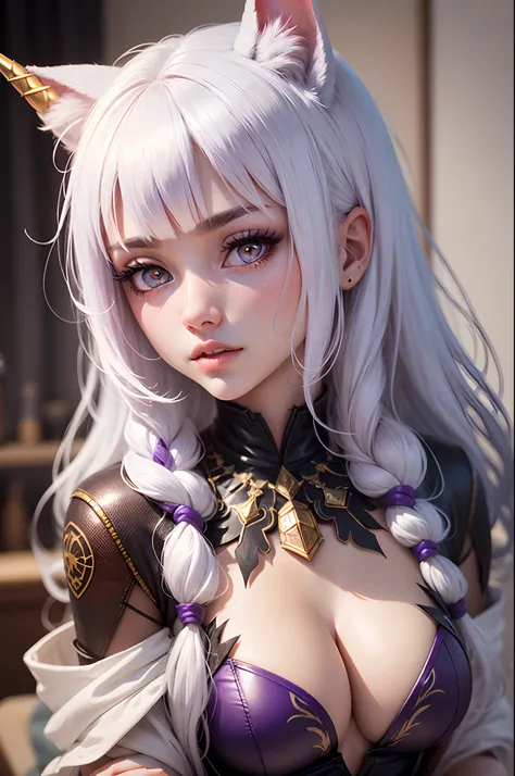 Unicorn anthropomorphic female high detail white hair purple pupils