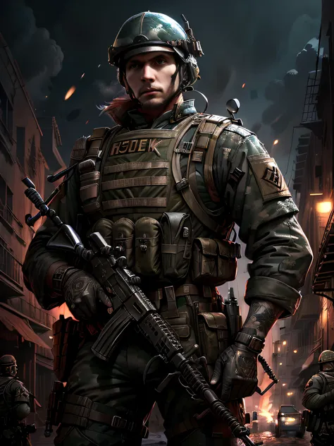 Soldiers in dark uniforms and assault rifles, ruined background, Realistic, Stylish, Assault vests, hdr, Intricate details, ultra - detailed, Cinematic, rim-light, danger atmosphere