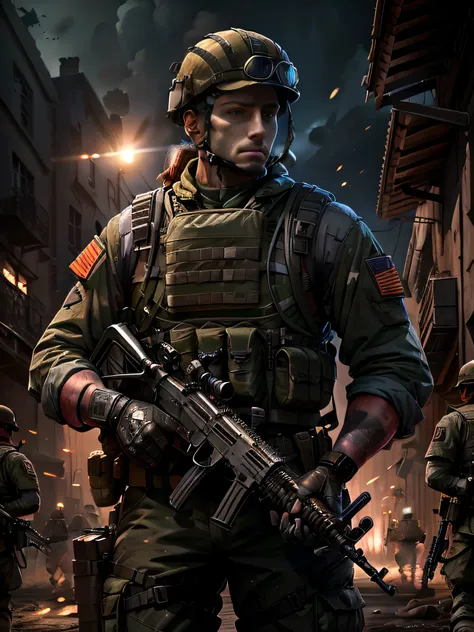 Soldiers in dark uniforms and assault rifles, ruined background, Realistic, Stylish, Assault vests, hdr, Intricate details, ultra - detailed, Cinematic, rim-light, danger atmosphere