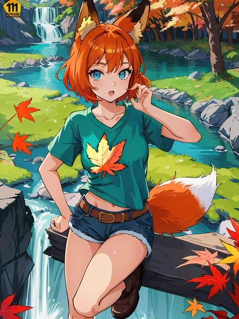 (best quality, masterpiece), official art, illustration, ligne claire, highres, absurdres, ultra-detailed, 8k, cel shading, 1girl, short orange hair, forest, autumn, leafs, tree, river, green T-Shirt, cutout above navel, blue denim shorts, black belt, brow...