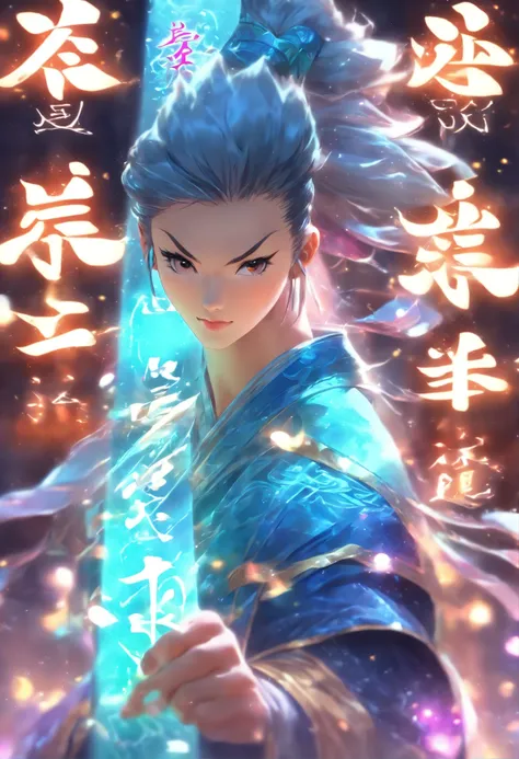 1boys,solo，Young scholars of ancient China，(Hold the transparent illuminated scroll:1.5)，(Transparent glowing kanji hovering in midair:2)，（Transparent kanji background：1.5），Vertical text，glittery，Scholar in blue robes，Long flowing hair flutters in the wind...