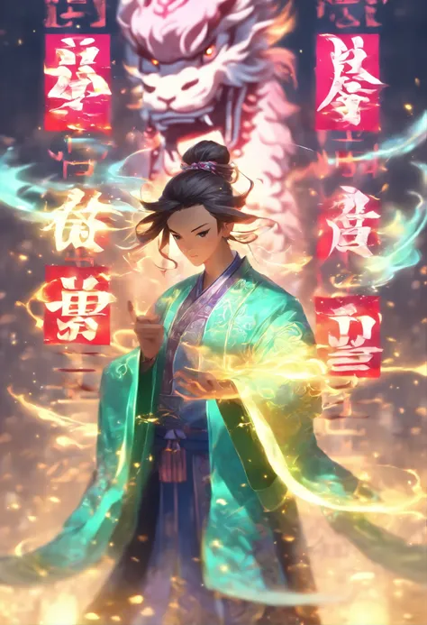 1boys,solo，Young scholars of ancient China，(Hold the transparent illuminated scroll:1.5)，(Transparent glowing kanji hovering in midair:2)，（Transparent kanji background：1.5），Vertical text，glittery，Scholar in blue robes，Long flowing hair flutters in the wind...