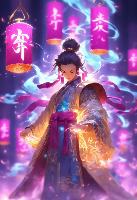 1boys,solo，Young scholars of ancient China，(Hold the transparent illuminated scroll:1.5)，(Transparent glowing kanji hovering in midair:2)，（Transparent kanji background：1.5），Vertical text，glittery，Scholar in blue robes，Long flowing hair flutters in the wind...