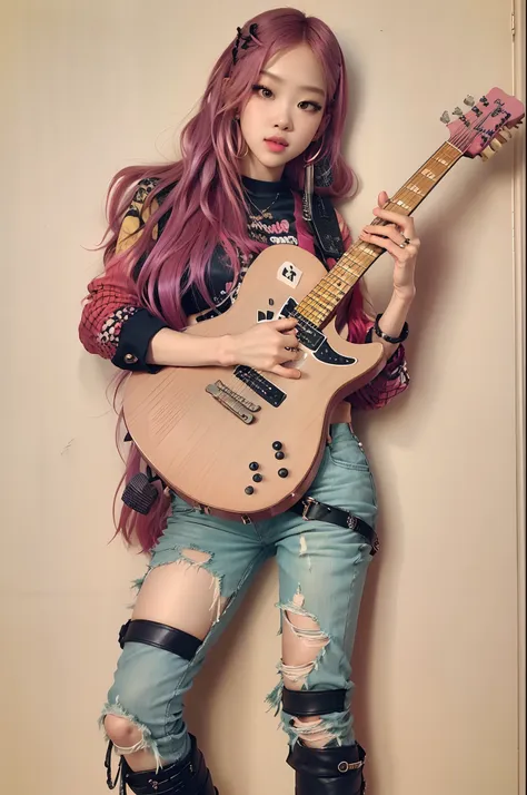 blackpink, roseanne park, pink backgroud, playing guitar, kpop, stunning beauty, fierce, confident,