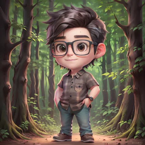 tmasterpiece, man with glasses, nerd, studio lighting, cartoonish style, tchibi, radi, forest backgrou, highly  detailed