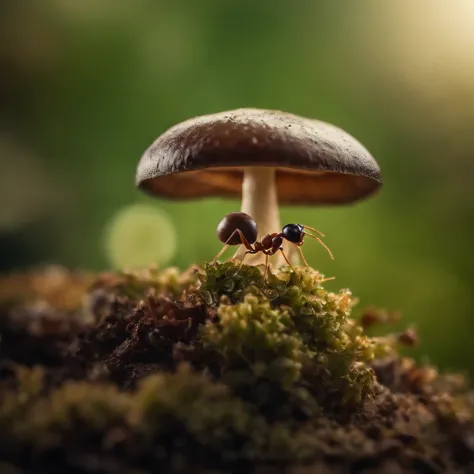 an ant on the top of the mushroom