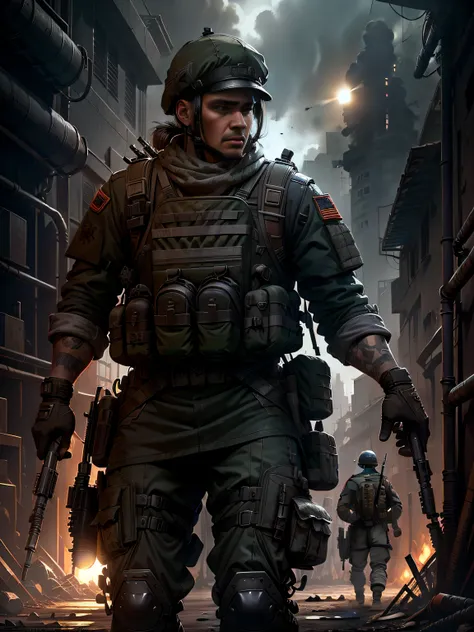 Soldiers in dark uniforms and assault rifles, ruined background, Realistic, Stylish, Assault vests, hdr, Intricate details, ultra - detailed, Cinematic, rim-light, danger atmosphere