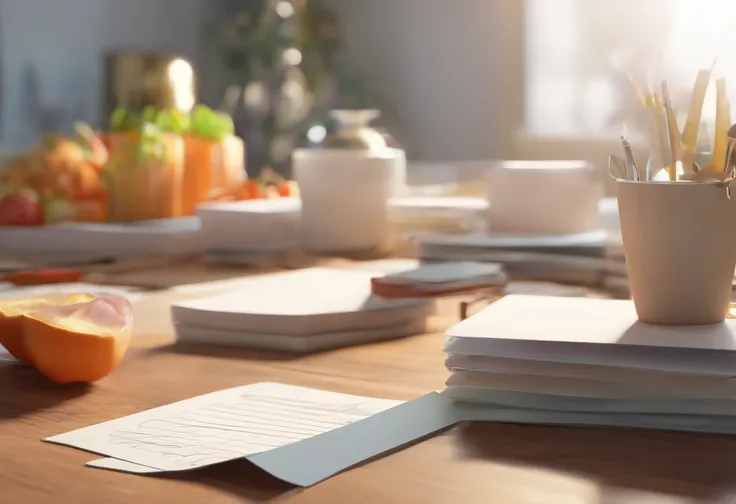 A blank piece of paper is placed on an empty table，Close-up overlook