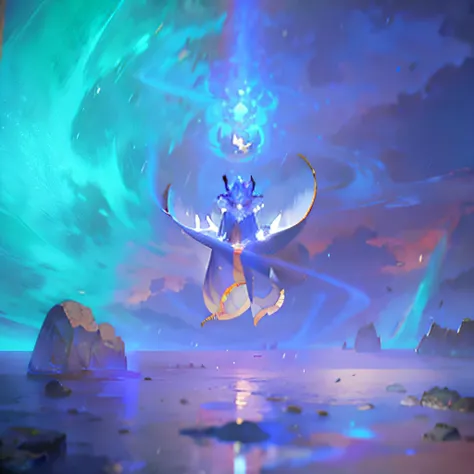 A big blue and white dragon is flying in the sky, A wavy ethereal presence, Purple Ancient Horn God, Wee-Wee Help, Summon Eldritchs God, mana in the air, giant ethereal creature, Splash aura in motion, heavy jpeg artifact blurry, Wind Sorcerer!, Wraith in ...