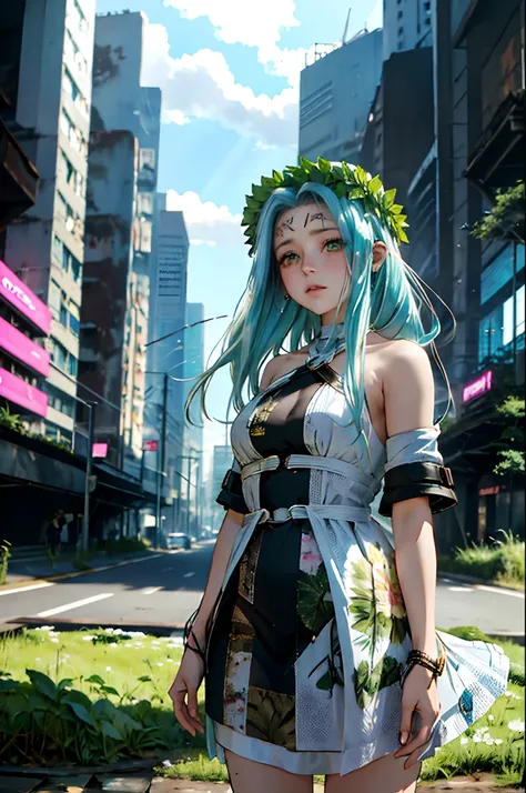 garota usando um vestido branco andando por um campo de flores, Post-apocalyptic city on the horizon, estilo cyberpunk, cabelos loiros com pontas rosas