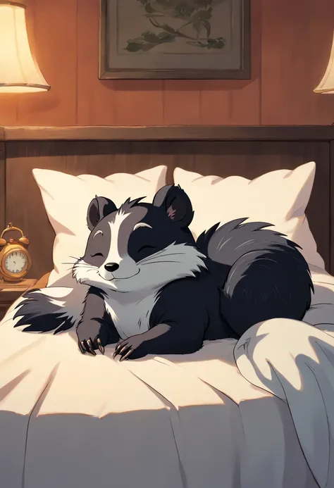 A skunk sleeping in bed