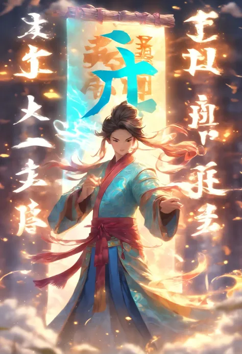 1boys,(((Solo)))，Young scholars of ancient China，(Hold the transparent illuminated scroll:1.5)，(Transparent glowing kanji hovering in midair:2)，（Transparent kanji background：1.5），Vertical text，glittery，Scholar in blue robes，Long flowing hair flutters in th...