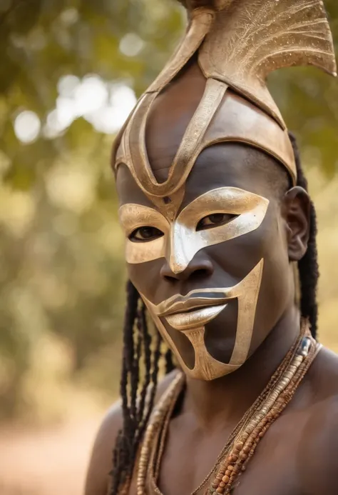 Mysterious frontal African male characters with a traditional African dress and wearing an anonymous mask creating a mysterious universe