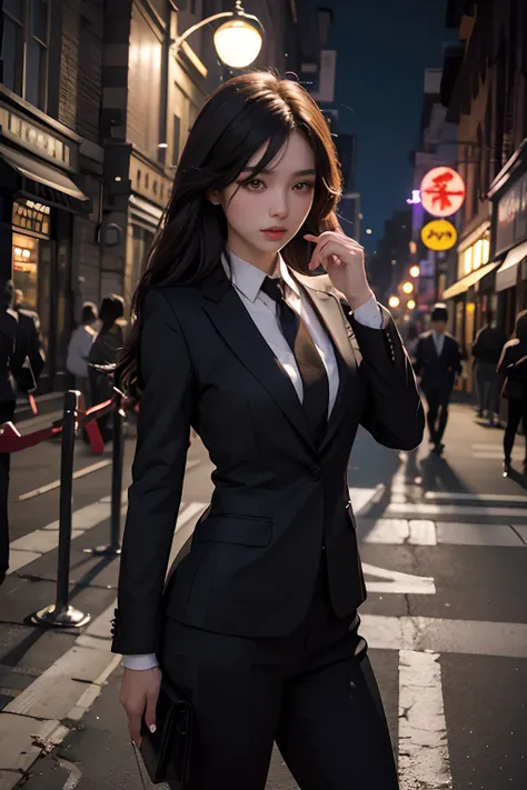 One Beautiful Woman。((Wearing a black business suit))。slender。Dark brown hair。Length to shoulder。Beautiful double eyes。plump lips。Early twenties。A frightened look on the face of something。On the background of a woman、((Urban night city))。The city is uninha...