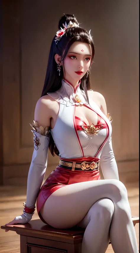 "1 beautiful girl in traditional costume, wearing a traditional Chinese ao dai in luminous red, Ao dai with red as the main color, black chest border and gold border, long hair and white bangs, hair jewelry most detailed and beautiful, Super cute little fa...