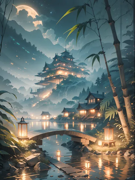 fantasy jungle, bamboo tree fantasy, long bamboo tree, realistic, fogy environment, artificial intelligence, artificial water so...