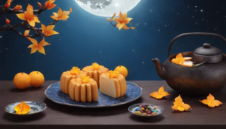 Mid-Autumn Festival, Reunion, Full moon, the night, （Moon cake）, teas, the fruits, edgBunny, Change rushes to the moon, symetry, High detail, romanticism lain, Sparkle, god light, Ray tracing, hyper HD, retinas, Masterpiece, ccurate, Super detail, High det...